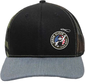 Snap Back Hat - Grey Camo Side Red White and Blue Logo