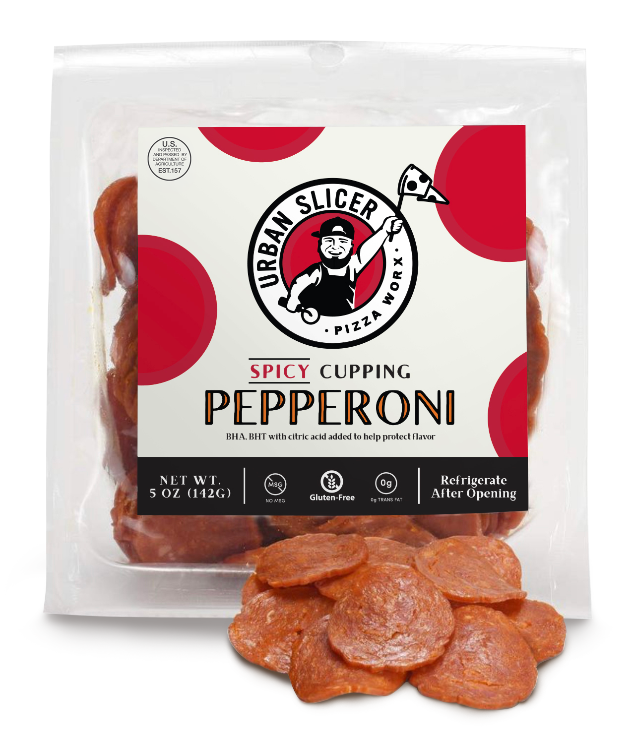 Urban Slicer Spicy Cupping Pepperoni 5 oz package with cupped pepperoni slices