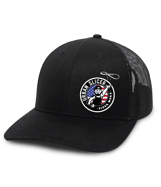 Snap Back Hat - Black Side Red White and Blue Logo