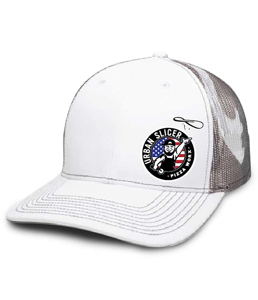 Snap Back Hat - White/Grey Camo Side Red White and Blue Logo