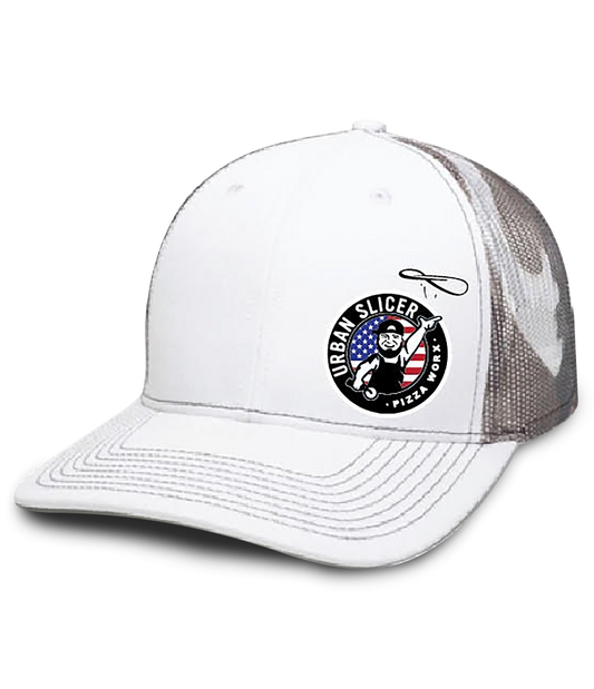 Snap Back Hat - White/Grey Camo Side Red White and Blue Logo